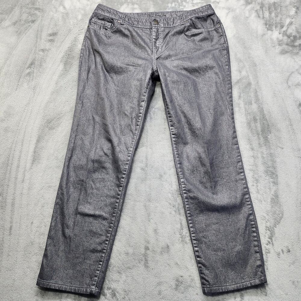 Chico’s Platinum Jeans Womens 1 8/M Silver Metallic Coated Mid Rise Straight Leg